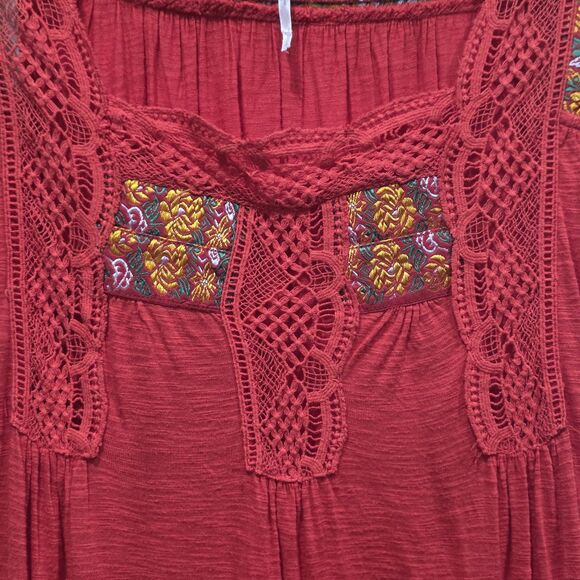 Free People Boho Crochet Lace Embroidered Red Tank Top Festival Peasant Blouse S - Picture 3 of 9